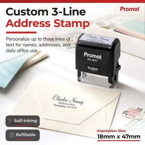 Custom 3-line Address Stamp for names and mailing addresses, featuring a self-inking design