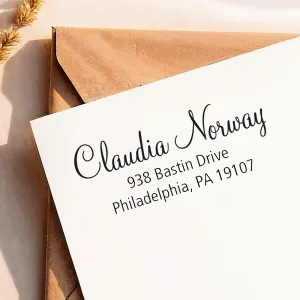 Address Stamp imprint with custom name and mailing address on white cardstock